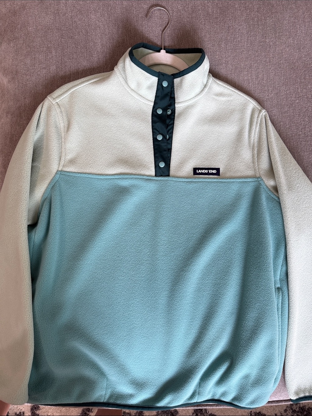 Lands' End Two-Tone Fleece Snap Pullover - Seafoam Green & Off-White
